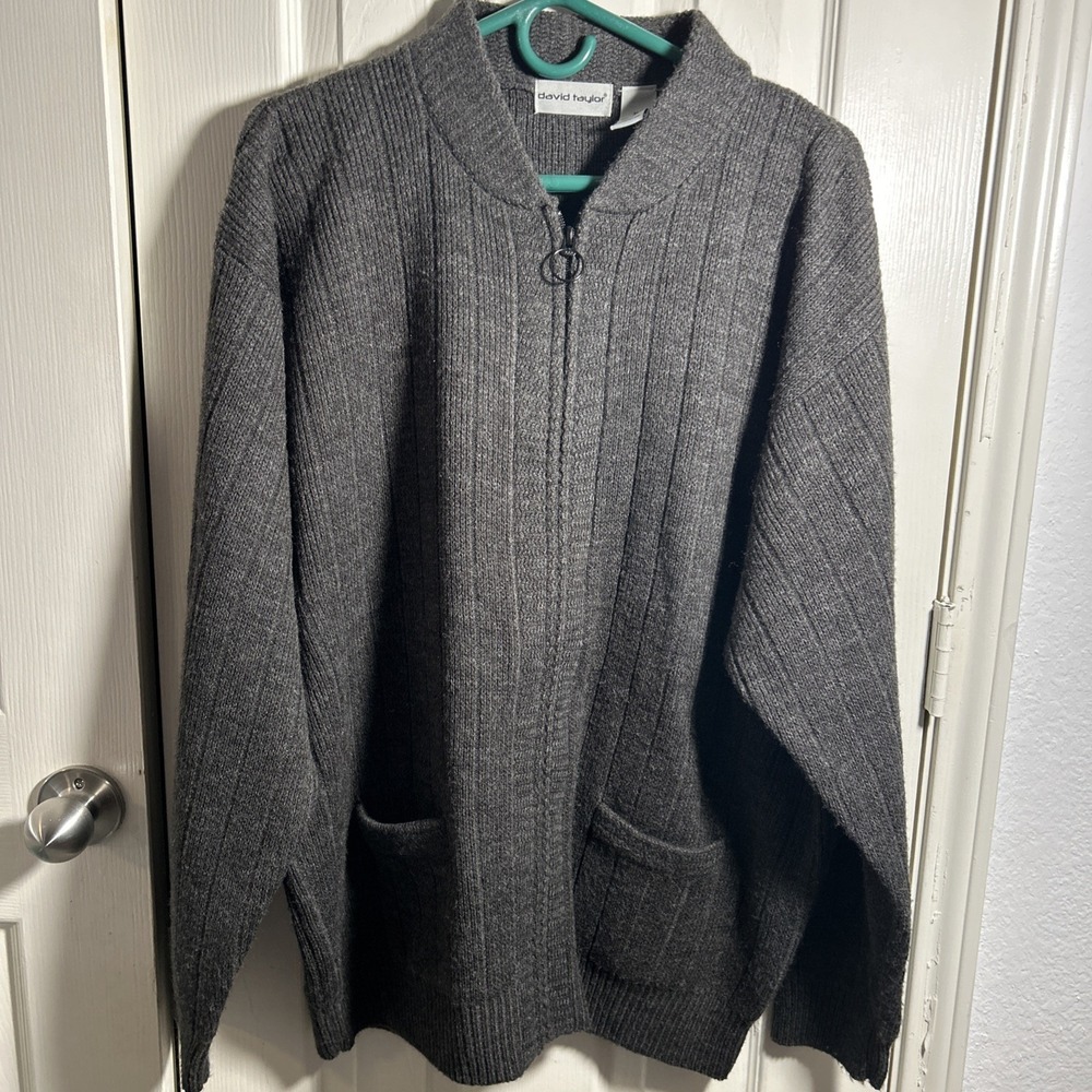 VTG‎ David Taylor XL Gray Full Zip Ribbed Knit Cardigan Sweater Jacket Acrylic